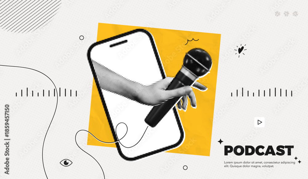 Trendy Halftone Collage Online Podcast. Mobile phone with Hand holding studio microphone. Talk show and interview. Streaming service. Audio recording. Contemporary vector art illustration