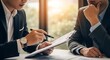 © graphiczone872 - Two businessmen in suits discussing a document, one pointing with a pen, in a modern office setting with natural light