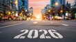 © dave - numerals '2026' on empty city asphalt road with sunset glow and blurred skyscraper lights in background, representing urban atmosphere, new year themes, and futuristic concepts for creative projects.