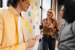 © Maria Vitkovska - Diverse business team collaborating with sticky notes on wall in modern office