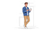 © Raya - Young man standing against a wall, engaged with smartphone, casual attire and modern indoors