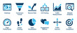 © Vladislav - Set of blue website analytics icons showing key digital marketing metrics like conversion funnel, traffic measurement, and A/B testing for performance and engagement analysis