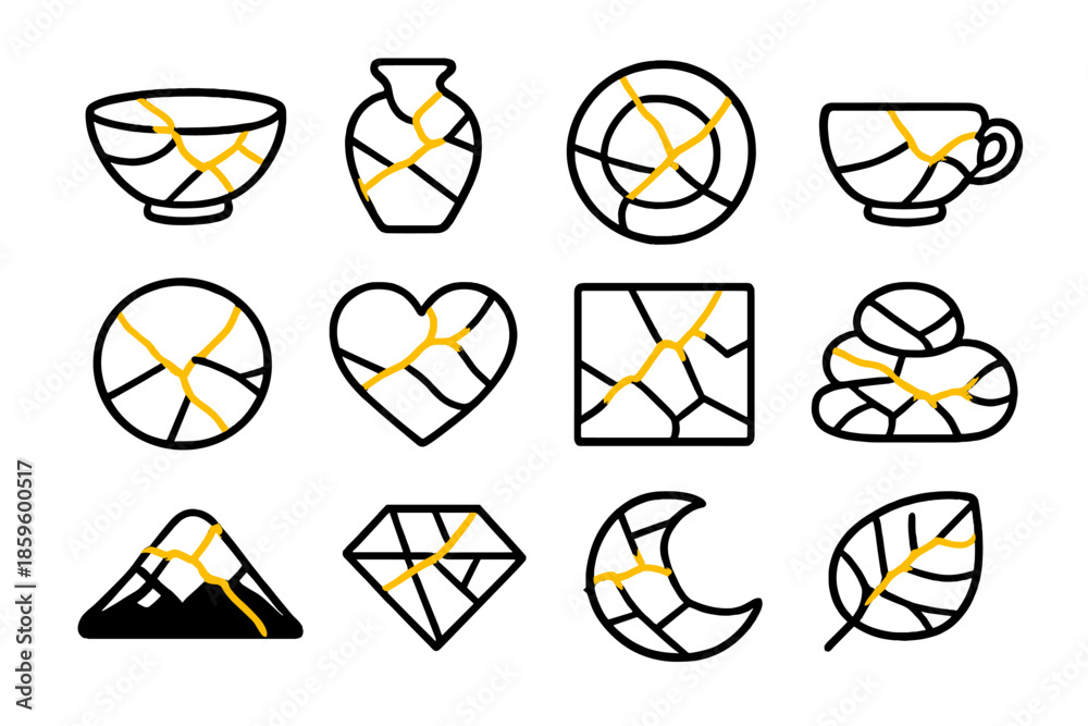 Kintsugi icons with gold cracks on dark background Stock Vector | Adobe ...