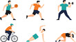 © Sanjida - Diverse set of people engaged in various fitness activities including basketball running weightlifting cycling and yoga stretching vector illustration
