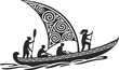 © MdMajnur - Traditional tribal sailing boat vector illustration, silhouette of ancient outrigger canoe with patterned sail and crew paddling