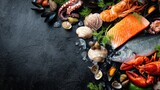 A variety of seafood is displayed on ice at a local market. Fresh fish shellfish and crustaceans are organized on a dark surface. The scene captures the vibrant colors and textures of the seafood.