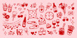 © Anastasiia Neibauer - Hand drawn Valentine’s Day vector set. Doodles with love icons, hearts, candles, wine, sweets, flowers, letters, and cozy romantic elements. Red line art on pink background.