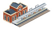 © Mehnaz - Isometric view of a classic red brick train station building with a platform, wooden benches, and tracks stretching into the distance.