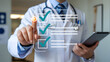 © MDAsif - Professional doctor using a digital touch interface with a medical checklist and green checkmarks for healthcare quality and patient diagnosis