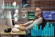 © Pixel-Shot - Double exposure of mature data science working in office and virtual screen with statistics