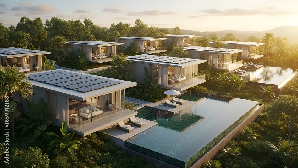 Luxury eco-resort 2026 with solar panels and infinity pools in tropical ...
