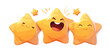 © Dizzi - Grupo de tres estrellas doradas brillantes con expresiones alegres y divertidas sobre fondo transparente.