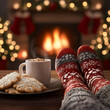 © sornram - Warm and cozy winter scene featuring festive socks, a hot drink, and cookies by a crackling fireplace, creating a perfect holiday atmosphere.