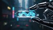© Gilang - Robot hand holding a glowing blue circuit board in a futuristic cityscape environment from a close-up viewpoint