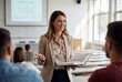 © Meow Creations - Smiling female professor teaching students in a university lecture hall while holding a textbook
