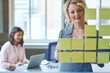 © ReeseFullyOwned/peopleimages.com - Woman, meeting and sticky note on glass wall for schedule, project management or task delegation. Marketing team, mindmap or planning in office for workflow, advertising campaign or business timeline