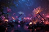 Un paisaje alienígena con flores luminiscentes emergiendo de un lago oscuro bajo un cielo estrellado.