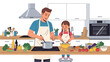 © Hirushan - Illustration of a father cooking in a modern kitchen with his child, healthy meal prep, modern parenting and gender role concept.