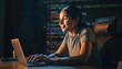 © ASAD - Dedicated female programmer smiles while coding late at night illuminated by the glow of her laptop screen and background text.