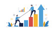 © Sophie - Business teamwork concept where one person pulls another up a bar graph towards a large success arrow using a rope for motivation.