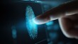 © Johannes - a finger pressing a glowing blue fingerprint scan on a hightech digital screen concept biometric security futuristic interface glowing blue ui fingerprint scan hightech screen