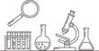 © Misho x Mamun - School supplies set. Back to school. Magnifying glass, microscope, laboratory glass equipment, test tubes.one line vector illustration with out background.