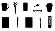 © Dombo - Collection of everyday objects in silhouette on white background.