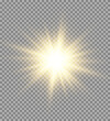 © Extrastock - Shining sun with glowing rays emits golden light on a transparent background. Lens flare and sparkle effects create realistic illumination. Perfect for cosmic, summer, or magical designs.