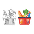 © rsvect02 - A colorful illustration depicts a shopping basket filled with bread vegetables and a bottle side by side