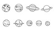 © abin - A collection of hand-drawn planets with rings and celestial motifs in a monochrome space theme.