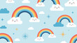 © Zayed - A cute and cheerful seamless pattern of colorful rainbows resting on smiling clouds against a light blue sky with stars.