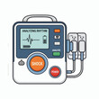 © narasima12 - Illustration of a portable automated external defibrillator (AED) with patient vital signs displayed on the screen and attached electrode pads