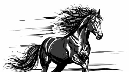 Naklejka na meble Dynamic black horse running with flowing mane and tail on isolated white background with speed lines