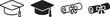 © IconNest - Silhouette graduation cap and diploma icon set in black, clean education symbols for design.