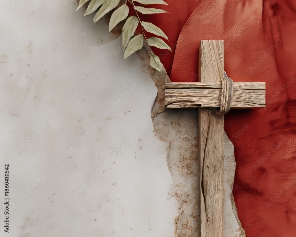 Rustic wood cross with twine Easter, spirituality, celebration against concrete and earth banner.