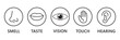 © Hello  - Human senses icon set. Vision eye, smell nose, hearing ear, touch hand, taste mouth with tongue. Simple line icons and black circle. Five senses of human nervous system. Vector illustration.