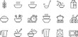 © Galib - Complete set of kitchen and cooking line icons featuring hot food bowls measuring cups timers ladles milk cartons and microwave ovens for culinary projects