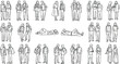 © Irin Akter - Minimalist black and white line drawings of diverse people in pairs and groups, casual clothing concept, social interaction, posture study, and lifestyle illustration