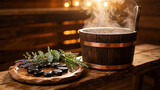 Steaming wooden sauna bucket with ladle and hot stones on a bench in a warm spa interior