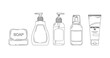 © supplement - Vector line art of soap, lotion, and antibacterial gel containers
