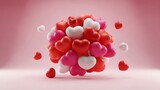 Floating bunch of red pink and white heart shaped balloons on a soft pink background for love and celebration