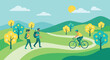 © VectaNoor - Active people enjoying outdoor activities in nature with couple hiking on trail and cyclist riding bike on winding road through green hills and sunny summer scenery.