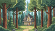 © Karan - Cozy Wooden Cabin in the Middle of a Lush Green Pine Forest Comic Style Illustration