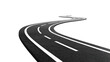 © kuuro - A winding asphalt road with clear white lane markings stretching into the distance. set against a minimalist white background. symbolizing journey and adventure