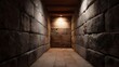© Bussakon - Dimly lit ancient stone corridor passage with rough hewn walls and a warm light illuminating the far end creating a mysterious atmosphere