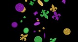 Mardi Gras celebration background with glitter confetti and fleur de lis symbols. Festive atmosphere for Fat Tuesday event and party decor.
