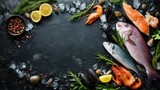 Assorted fresh seafood including fish, shrimp, and mussels arranged on a dark slate surface with ice cubes, lemon slices, and herbs.