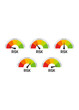 © Pensil Ikon - A professional set of five semi-circular gauges illustrating a risk spectrum. Each meter uses a color-coded scale and a needle to indicate levels from low to high risk.