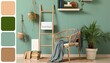 © Pixel-Shot - Interior of room with wicker armchair, houseplants and books. Different color patterns