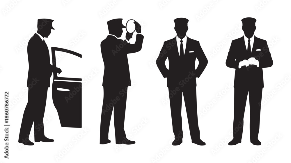Chauffeur Service Staff in Professional Elegant Style with Black and White Vector Silhouettes for Luxury Transport and Hospitality Icons.
